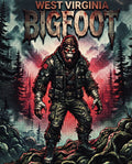 A stylized illustrated poster or print showing a Bigfoot-like figure standing in a forested mountain landscape, with large text reading 'WEST VIRGINIA BIGFOOT' at the top and 'LEGEND OF THE MOUNTAINS' at the bottom.