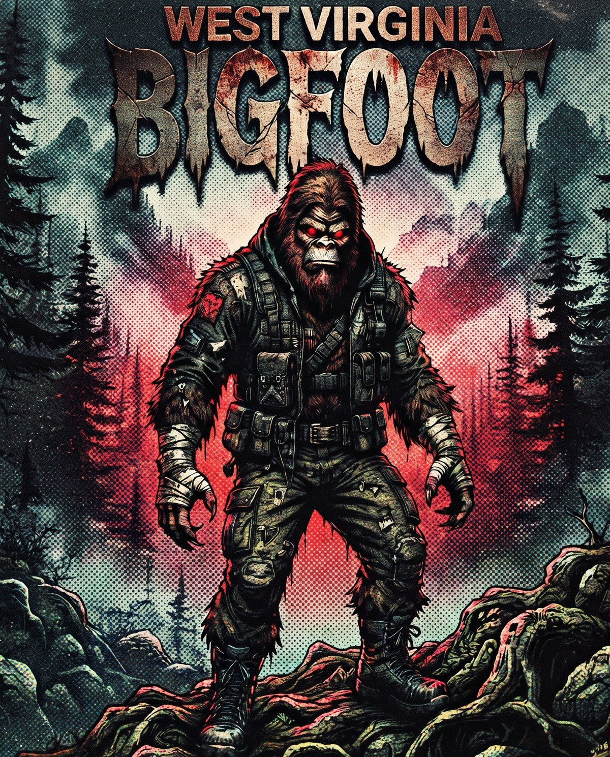 A stylized illustrated poster or print showing a Bigfoot-like figure standing in a forested mountain landscape, with large text reading 'WEST VIRGINIA BIGFOOT' at the top and 'LEGEND OF THE MOUNTAINS' at the bottom.